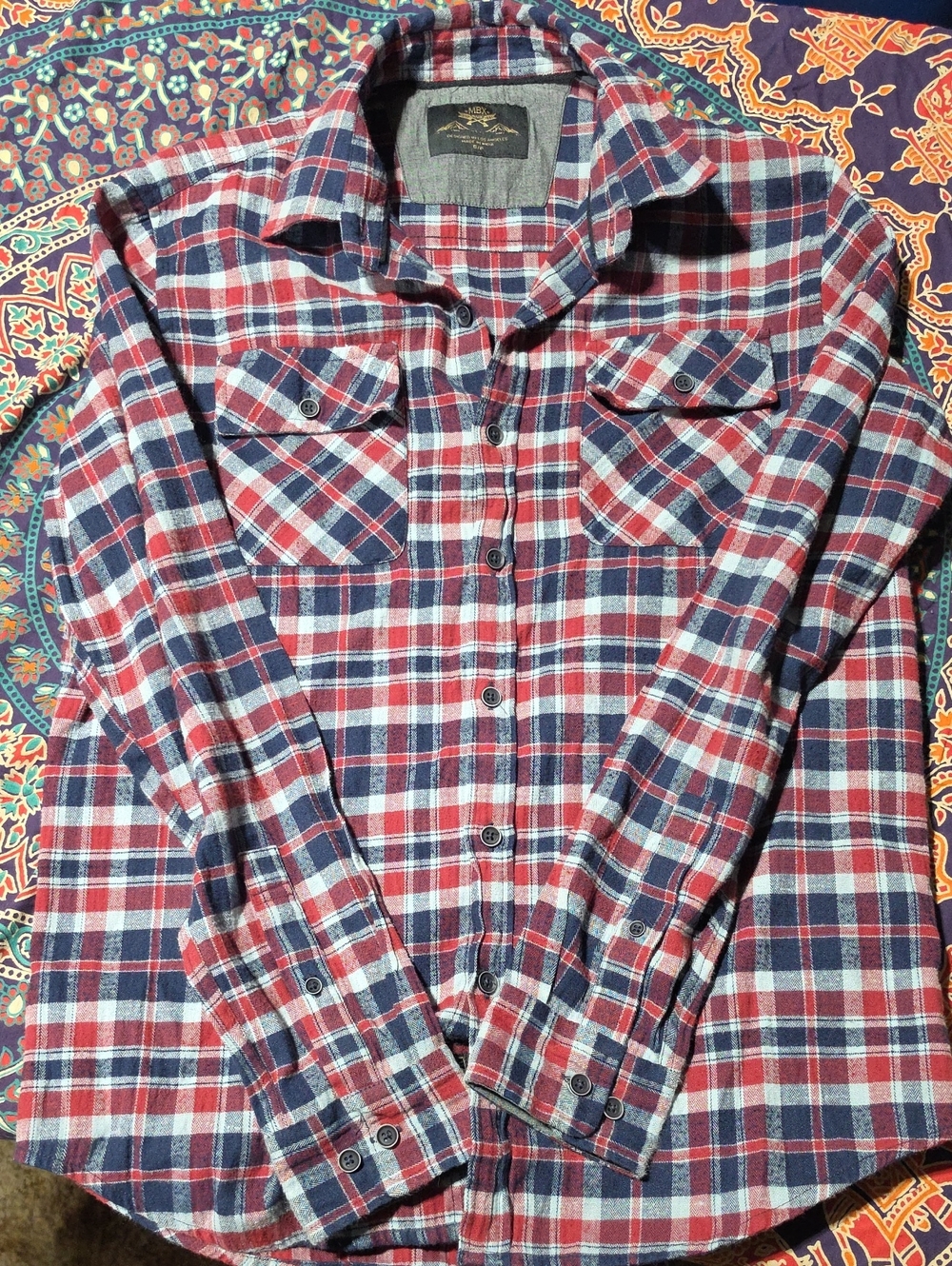 Casual Red, Navy & White Plaid Button-Down Shirt